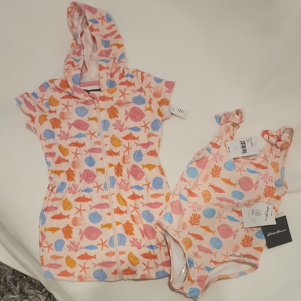 Eddie Bauer Pink and Blue Seashell Cover-Up and Swimsuit Set